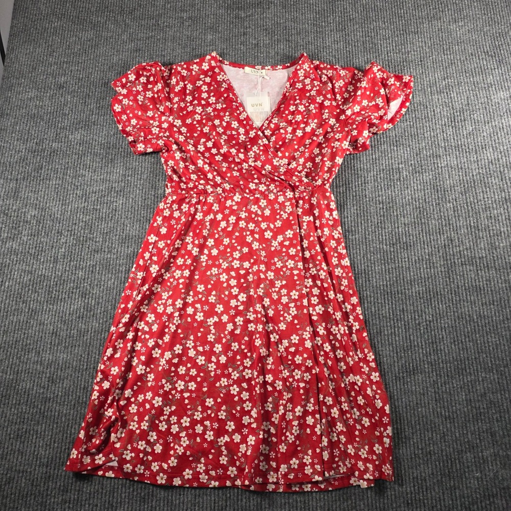 UVN Women Red Floral Wrap V-Neck Flutter Sleeve A-Line Mini Dress Size‎ M NWT